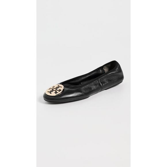 Tory Burch Reva Flats Size 8 Black Gold Leather Logo Travel Ballet *well worn - Picture 4 of 13